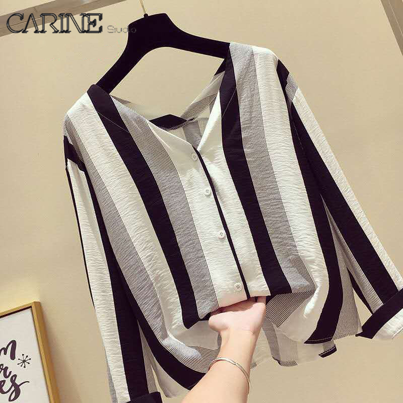 CARINE 2021 New Striped Korean Long sleeves Blouse Large size V collar Women Top