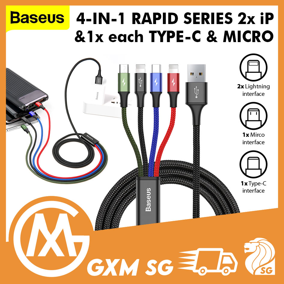 BASEUS Rapid 4 in 1 2 x Type-C+Lightning 8Pin+Micro USB Data Sync Charging Cable Compatible For Iphone Samsung Huawei 1.2M