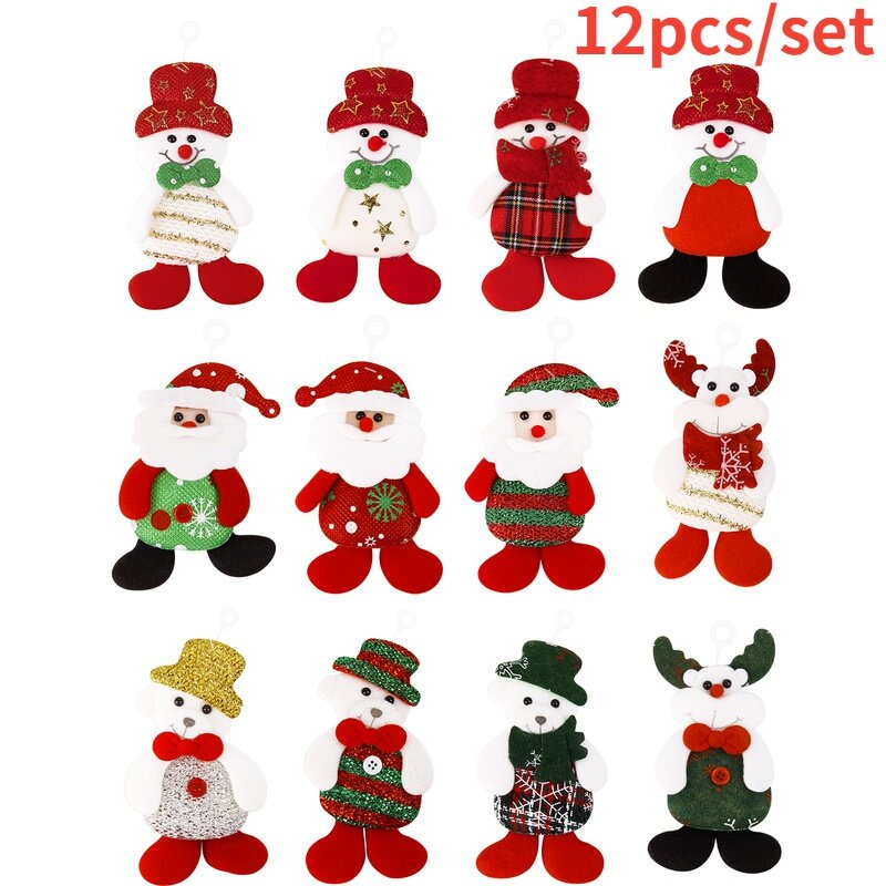 12Pcs Christmas Bells Ornaments / Snowman Xmas Tree Hanging/ Christmas  Cloth Doll Pendant / Christmas Tree Ornament Holiday Decorations