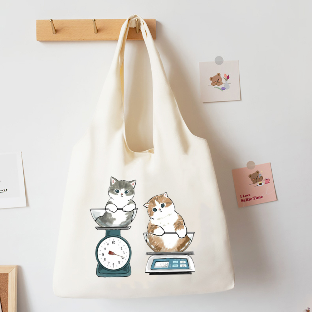 Cute Cat Print Canvas Tote Bag Casual Storage Bags Large Capacity Shopping Bag Women Totebag for Student Shoulder Bag 帆布包 Ins