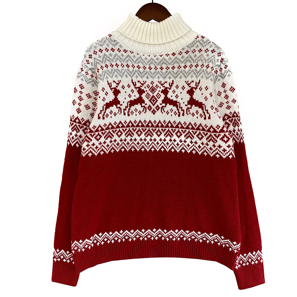 Christmas Sweater Couple Christmas Deer Snowflake Sweater Knitted O-neck Sweater Men Ladies Christmas Sweater All-match Daily Simple Pullover Female Male Long Sleeve Sweater Ugly Christmas Crew Neck S