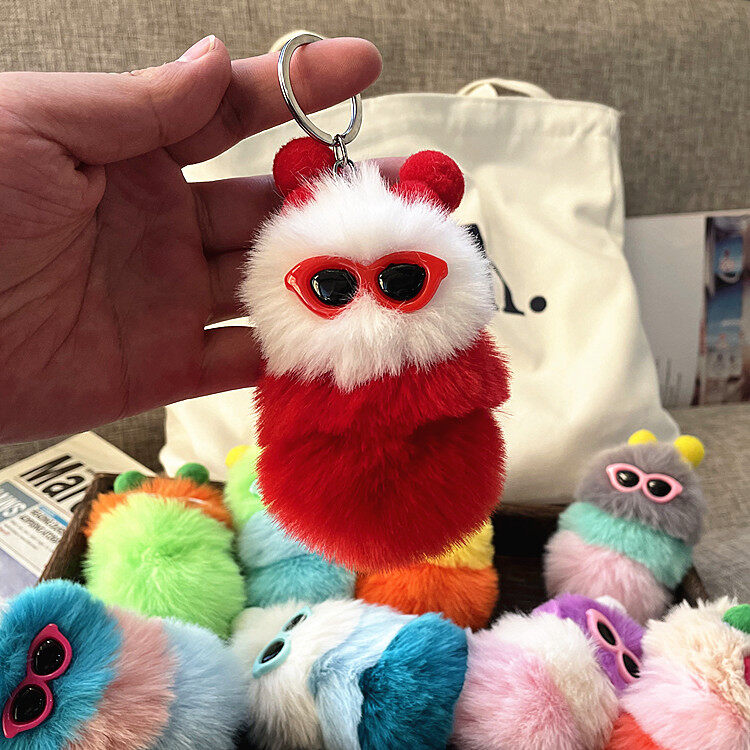 【Fashion-jewelry】Cartoon Cute Caterpillar Keychain Plush Ornament Rabbit Ball Ladie Bag Ornament Mini Plush Car Keychain Lanyard Jewelry Gift