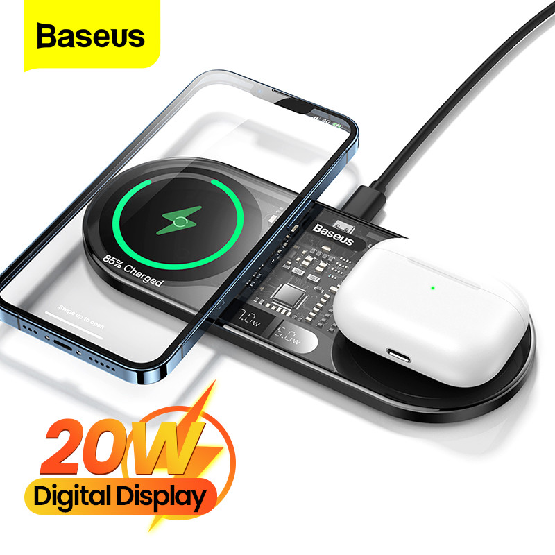 Baseus 20W 2 in 1 Wireless Charger Digital LED Display Fast Wireless Charging Pad For iPhone 14 13 Pro Max 12 Airpods Induction Huawei Samsung Xiaomi